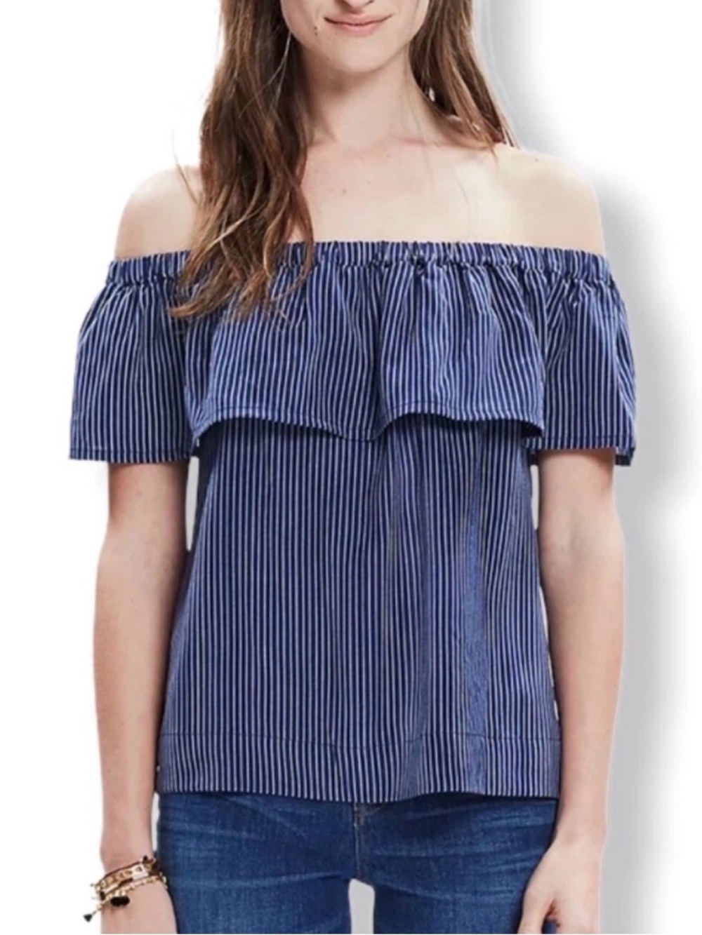 Silk Madewell  Off Shoulder Top Striped Ruffle Blouse Blue White Size S